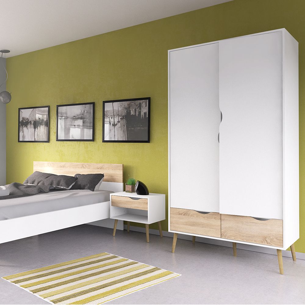 Oslo Package - Bedside 1 Drawer + Chest Of 5 Drawers (2+3) + Wardrobe 2 Doors 2 Drawers In White And Oak - Price Crash Furniture