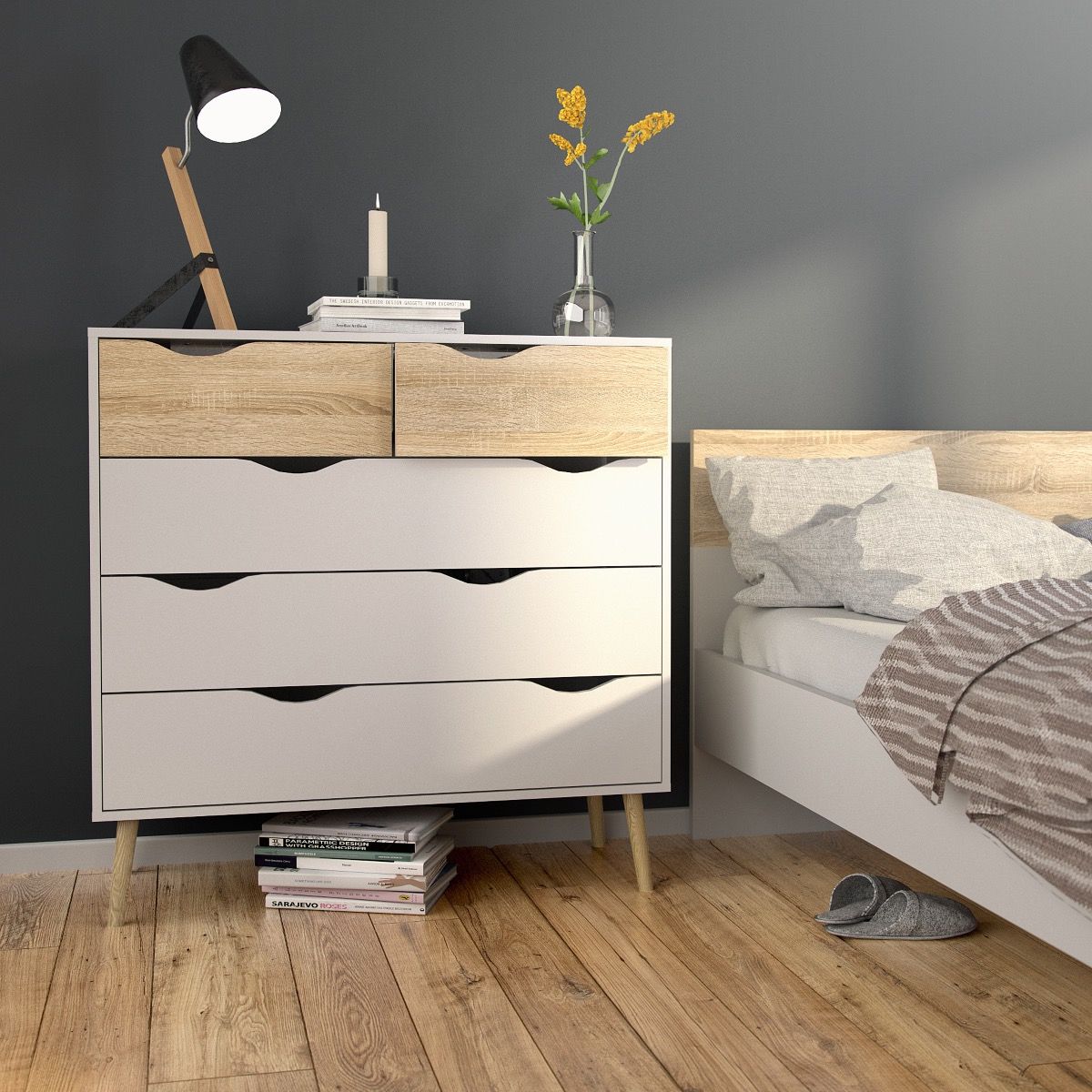 Oslo Package - Bedside 1 Drawer + Chest of 5 Drawers (2+3) + Wardrobe 3 Doors 3 Drawers In White And Oak - Price Crash Furniture