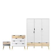 Oslo Package - Bedside 1 Drawer + Chest of 5 Drawers (2+3) + Wardrobe 3 Doors 3 Drawers In White And Oak - Price Crash Furniture