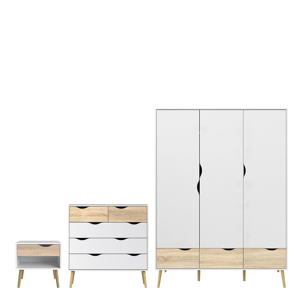 Oslo Package - Bedside 1 Drawer + Chest of 5 Drawers (2+3) + Wardrobe 3 Doors 3 Drawers In White And Oak - Price Crash Furniture