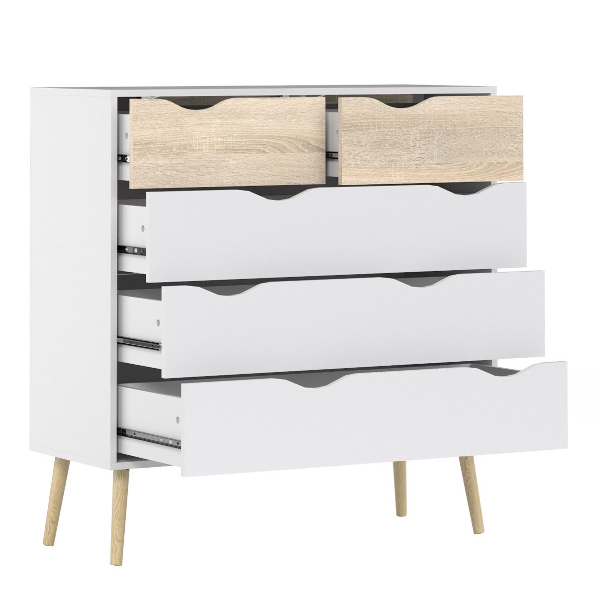 Oslo Package - Bedside 1 Drawer + Chest of 5 Drawers (2+3) + Wardrobe 3 Doors 3 Drawers In White And Oak - Price Crash Furniture