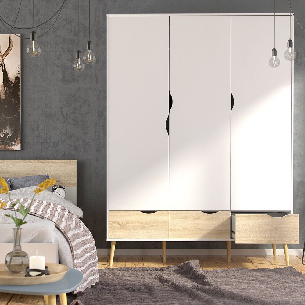 Oslo Package - Bedside 1 Drawer + Chest of 5 Drawers (2+3) + Wardrobe 3 Doors 3 Drawers In White And Oak - Price Crash Furniture