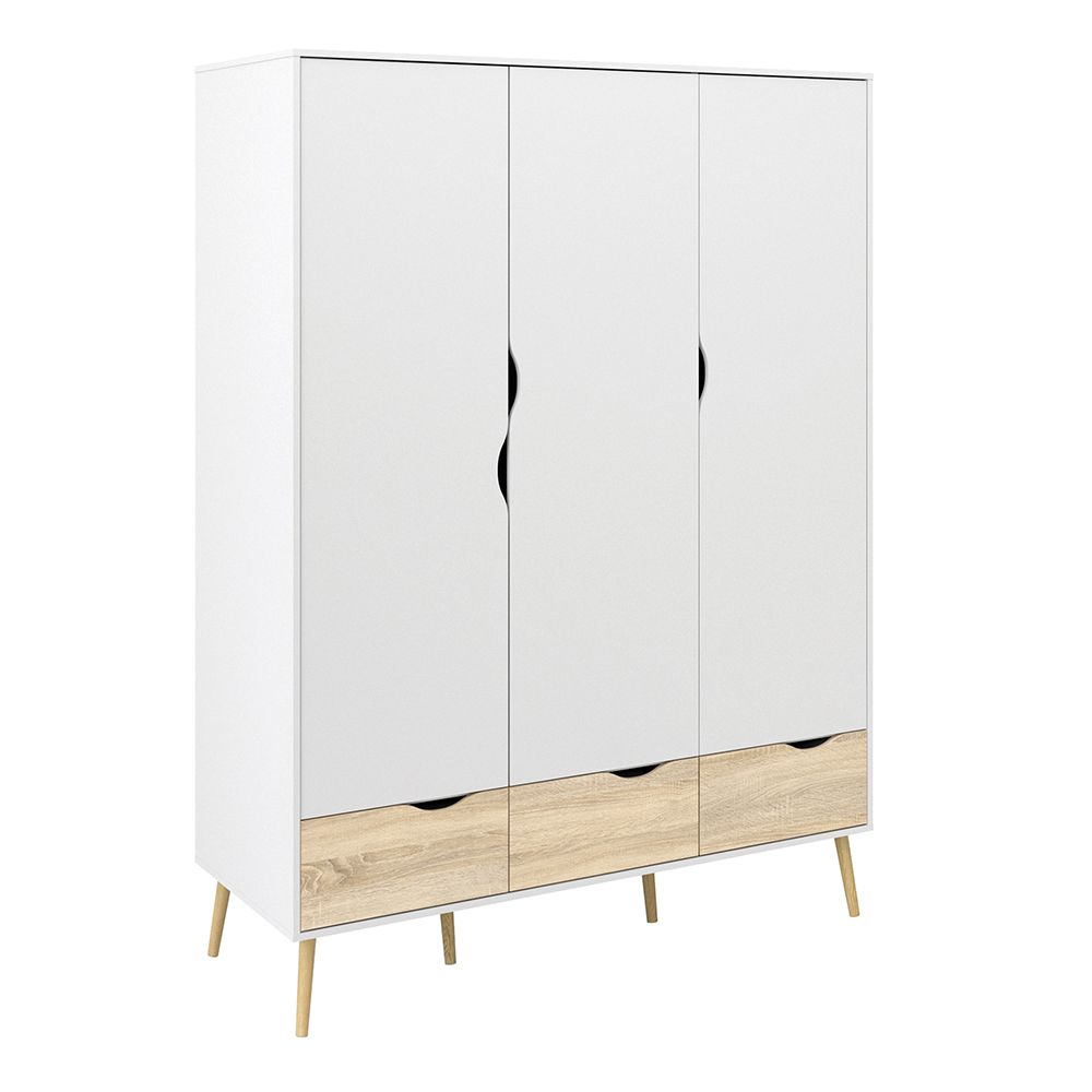 Oslo Package - Bedside 1 Drawer + Chest of 5 Drawers (2+3) + Wardrobe 3 Doors 3 Drawers In White And Oak - Price Crash Furniture