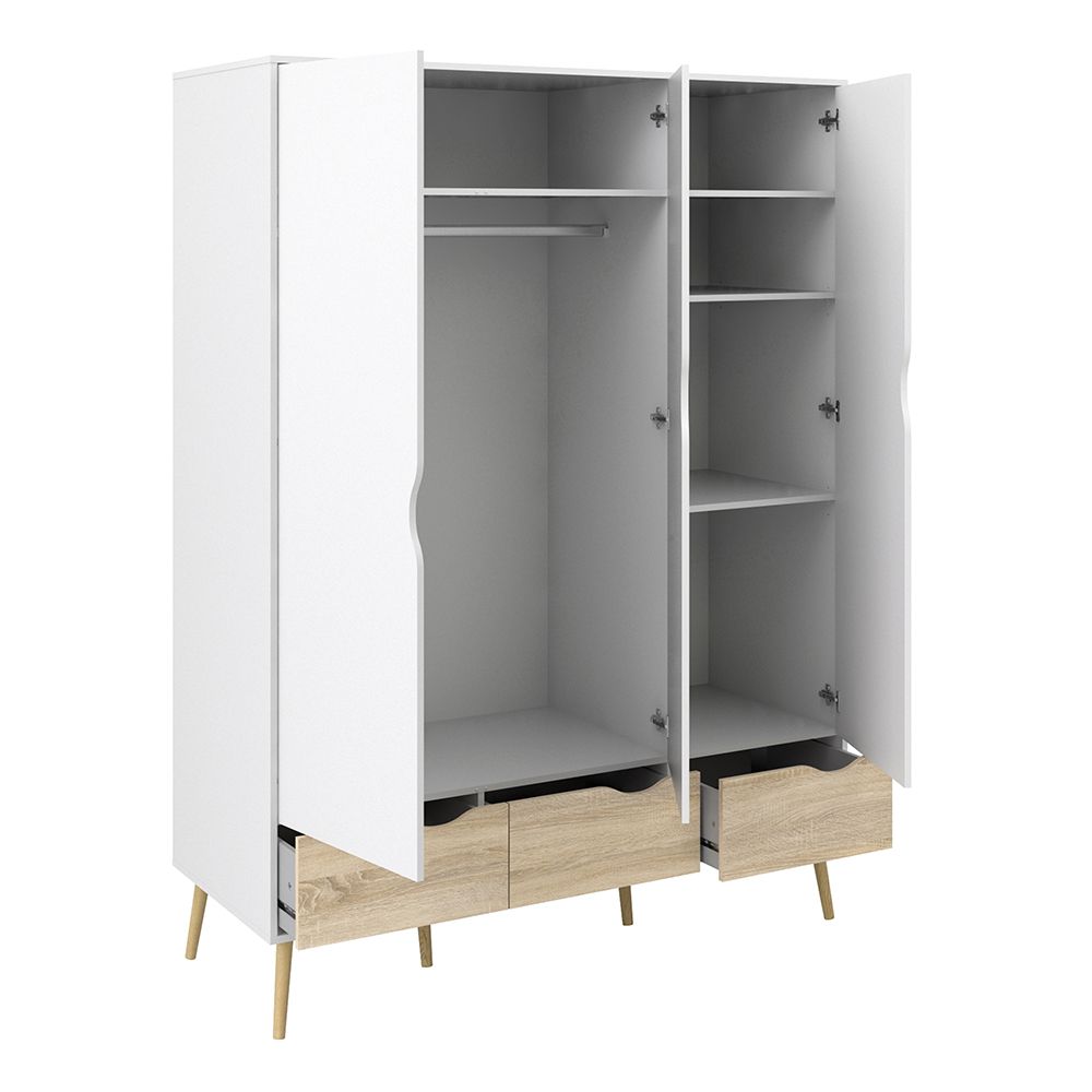 Oslo Package - Bedside 1 Drawer + Chest of 5 Drawers (2+3) + Wardrobe 3 Doors 3 Drawers In White And Oak - Price Crash Furniture