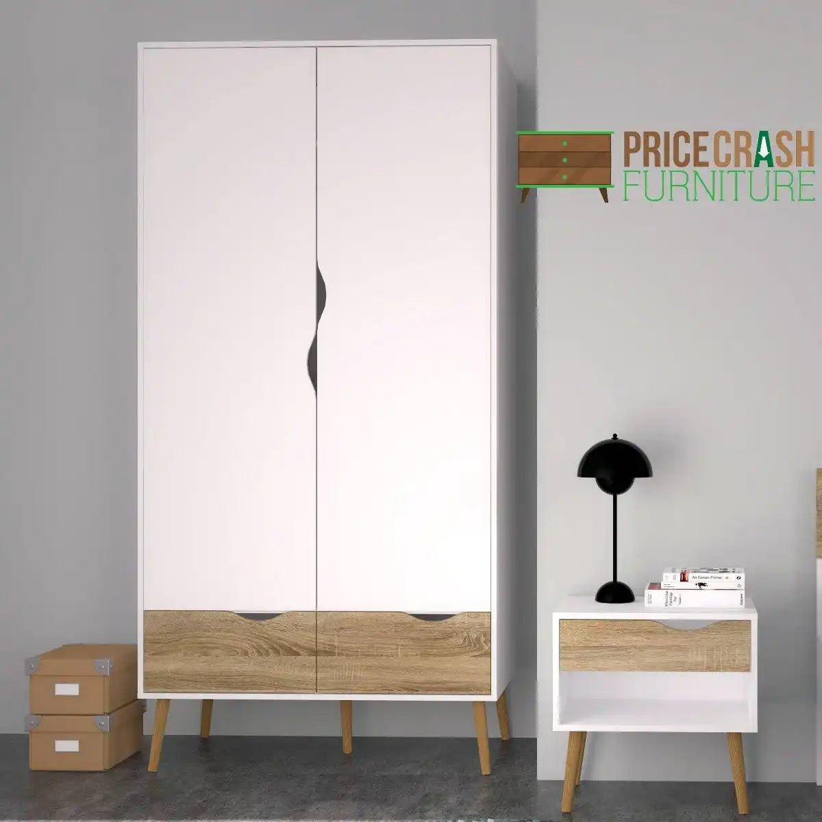 Oslo Wardrobe 2 Doors 2 Drawers in White and Oak finish - Price Crash Furniture