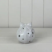 Glazed Ceramic Baulbe with Bow Ornament with Textured Detail and LED (10.6cm)