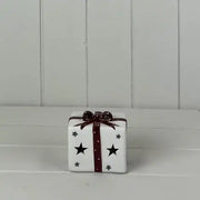 White Ceramic Present with Red Bow Decoration with LED L8.5xD7xH7.4cm