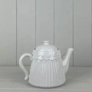 White Ribbed Ceramic Teapot with Heart Pattern