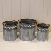 Set of 3 Zinc Planters Flower & Rib Design