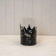 Large Black Metal House Scene Candle Holder with Glass Insert