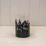 Medium Black Metal House Scene Candle Holder with Glass Insert