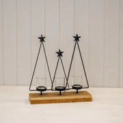 Black Metal Triple Tree Tealight Holder on Wooden Base