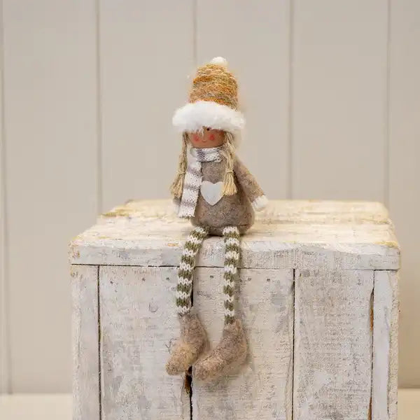 Beige Christmas Doll with Knitted Hat  Chunky Boots and Heart Jumper