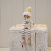 Cream Christmas Doll with Knitted Hat  Stripey Scarf and Heart Jumper