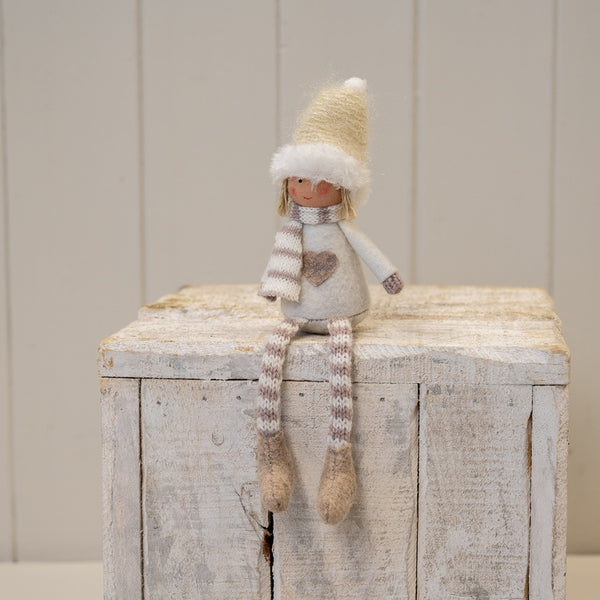 Cream Christmas Doll with Knitted Hat  Stripey Scarf and Heart Jumper