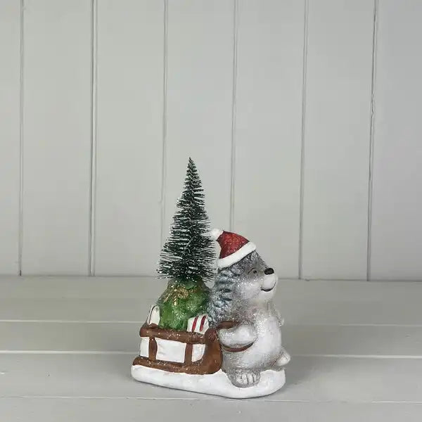 Hedgehog to the right with Sledge and Light Up Tree L12.5 xW7 xH15.5