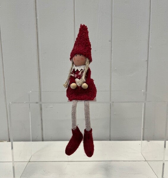 Red Boucle Sitting Doll with Wooden Heart