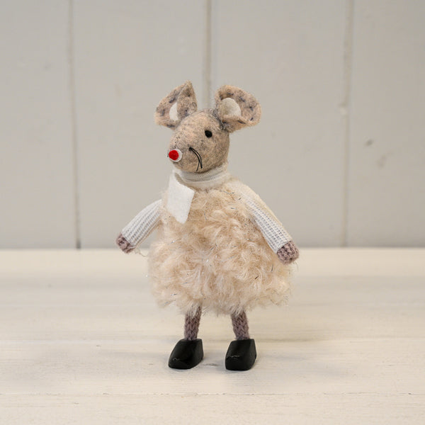 Fabric Mouse in White Dress and Clogs (11cm)