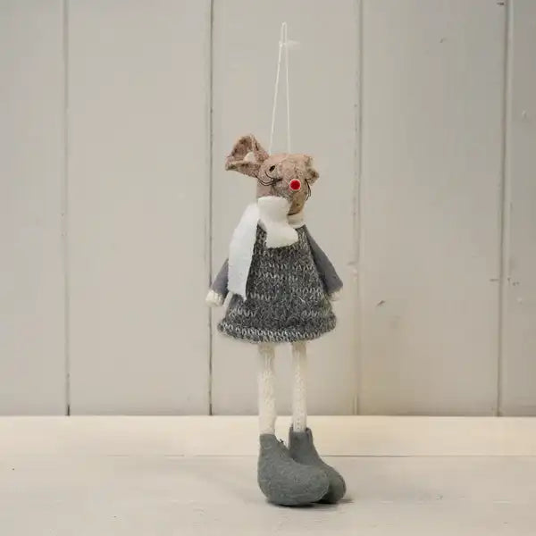 Hanging Fabric Mouse in Grey Dress and White Scarf (16cm)