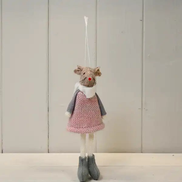 Hanging Fabric Mouse in Pink Dress and White Scarf (16cm)