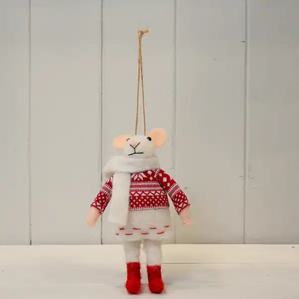 Hanging wool mouse in nordic outfit (15cm) 11x5x15cm