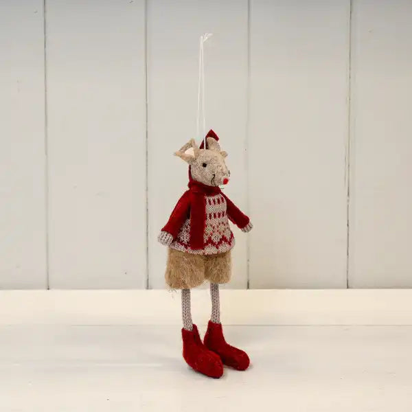 Red and Beige Hanging Winter Mouse with Patterned Jumper