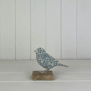 Blue Metal Bird on Wooden Base 15cm