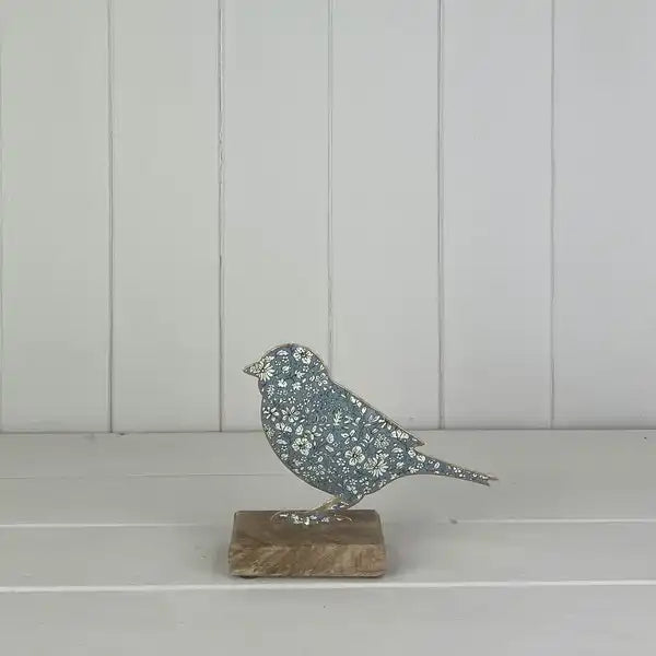 Blue Metal Bird on Wooden Base 15cm