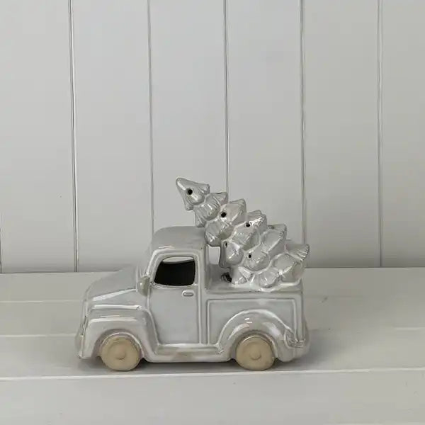 Glazed Ceramic Car Carrying Christmas Tree Ornament with Textured Detail and LED L16.2xD8.1xH12.4cm