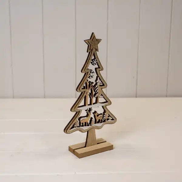 Medium Glittery Wooden Christmas Scene Tree