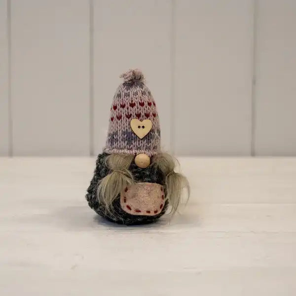 Grey Fabric Gonk with Patterned Hat and Heart (10cm)