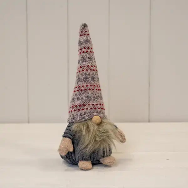 Grey Ribbed Fabric Gonk with Grey  White and Red Patterned Hat