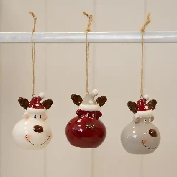 Acetate Box of 3 Ceramic Reindeer Baubles 4.9x4.5x6.9cm  Weight-90g