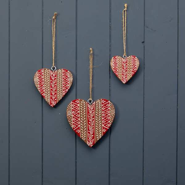 Hanging Natural Heart with Red/White Kerry Work 8x1x8cm