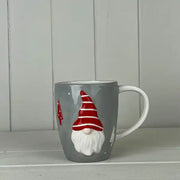 Grey Ceramic Gonk Mug with Red Stripey Hat and White Handle