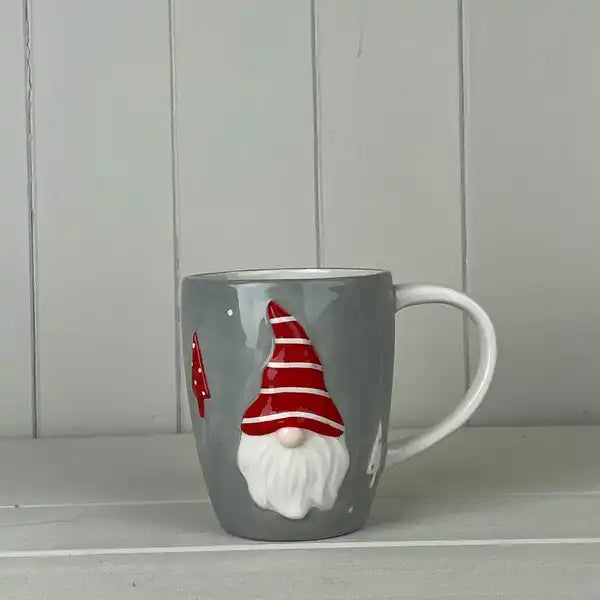 Grey Ceramic Gonk Mug with Red Stripey Hat and White Handle