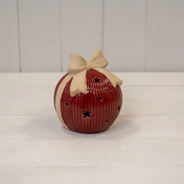 Large Red Ceramic LED Bauble with Bow Detail. With 6 Hour Timer