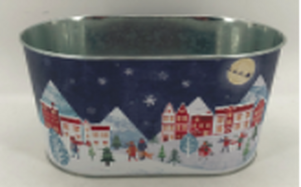 22.5x13.5cm Blue Christmas Village Scene Oval Planter