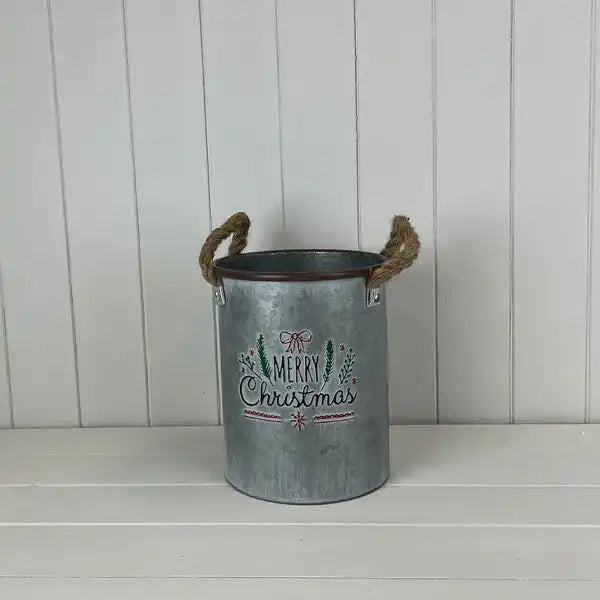 Metal Planter Merry Christmas with Rope Handles H22xD18.5cm