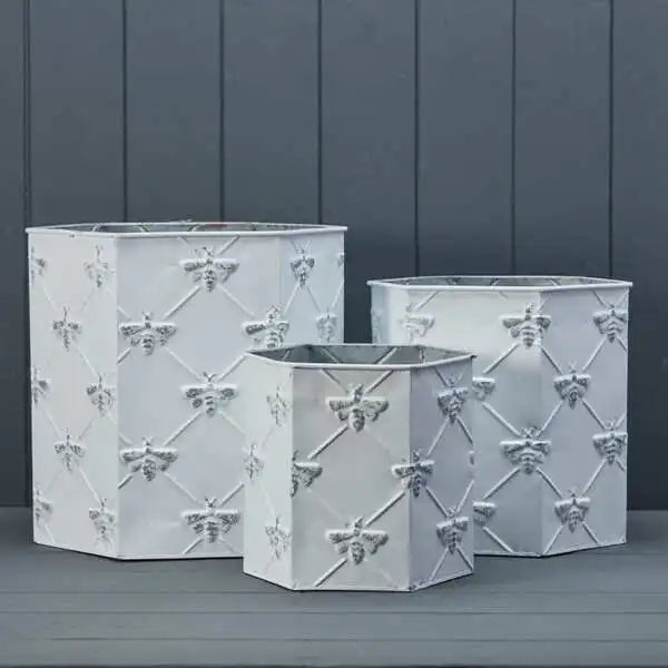 Set of Three White Hexagonal Bee Zinc Planters L26.5 M22cm S18.5