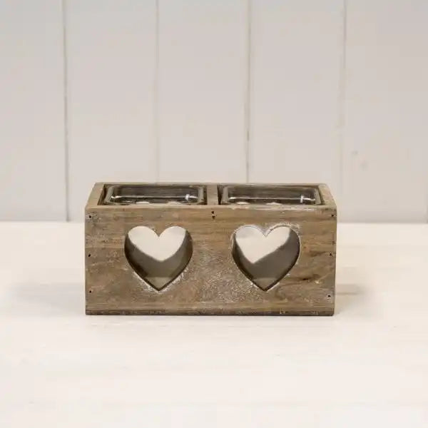 Greywashed wood basket with glass and heart T18.5x9.5cm H8cm (TSGC)