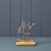 Silver Deer with Trees on Wooden Base 13x5x18cm