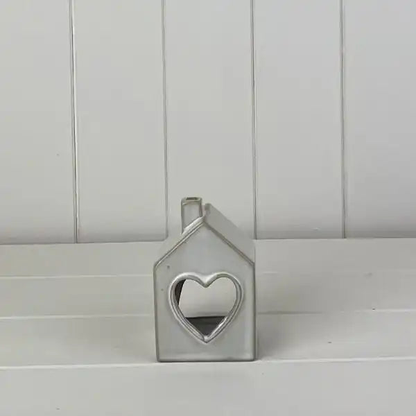 Glazed Ceramic House Tealight Holder with Heart Cut Out with Textured Detail L7xD6xH11cm  Weight-19
