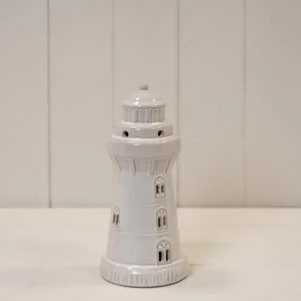 Glazed Ceramic Lighthouse with LED Ornament with Textured Detail L8.9xW8.9xH19.3cm