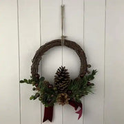 Rattan Pinecone and Berry Wreath with Bow D24cm