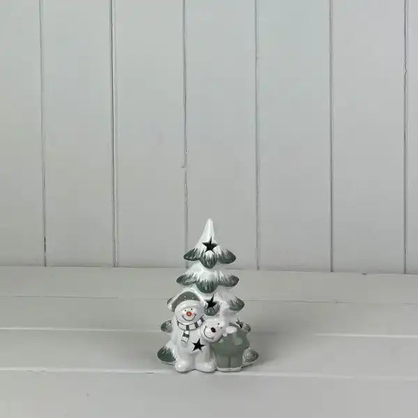 Green/White Ceramic Tree with Snowman and Reindeer Decoration with LED L9.5xD5.8xH13cm  Weight-161g