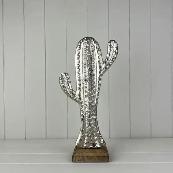 Large Aluminim Cactus on Wooden Base