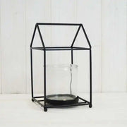 Black house shape lantern with glass insert :13.3 x W13.3 x H23.3 cm