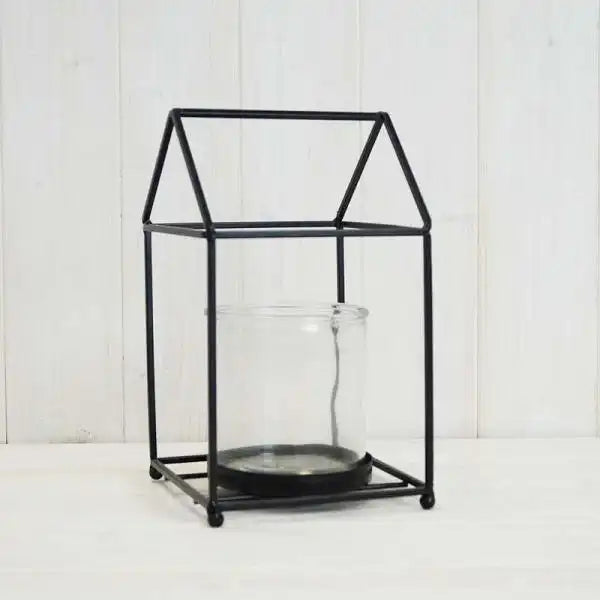 Black house shape lantern with glass insert :13.3 x W13.3 x H23.3 cm