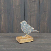 Blue Metal Bird on Wooden Base 12cm
